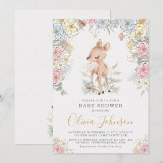 Woodland Deer Floral Baby Shower Invitation