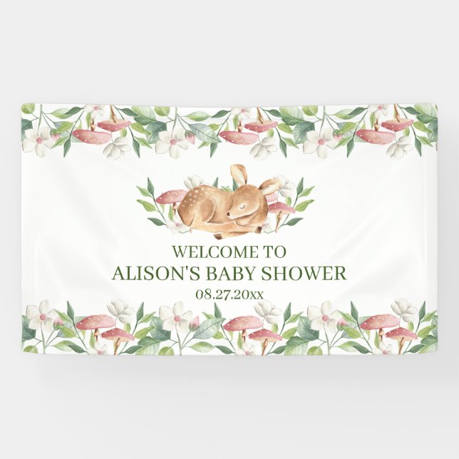 Woodland Deer Floral Greenery Baby Shower Backdrop Banner (Horizontal)