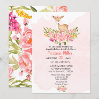 Woodland Deer Floral Pink Baby Shower  Invitation