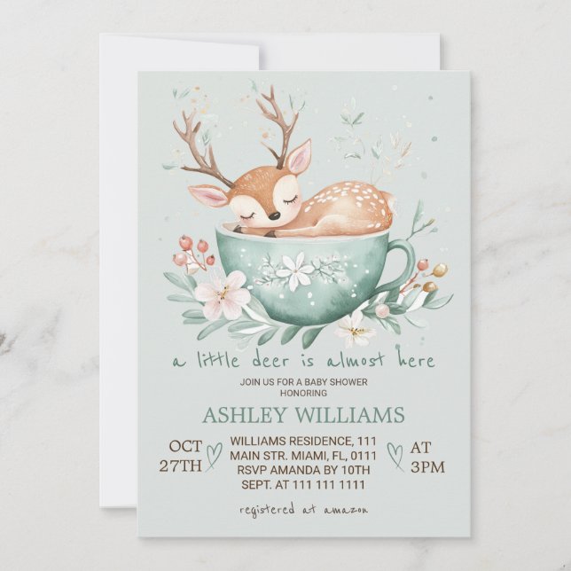 Woodland Deer Floral Teacup Baby Shower Invitation (Front)