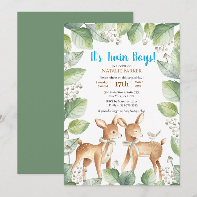 Woodland Deer Floral Twin Boys Baby Shower Invitation (Front/Back)