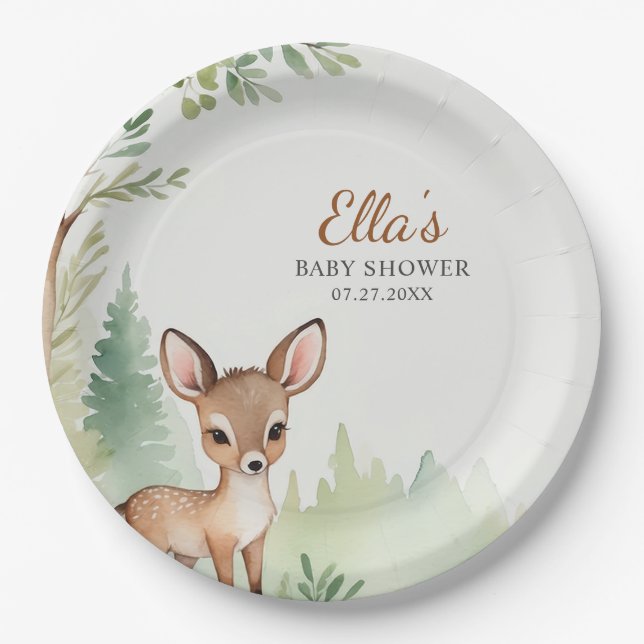 Woodland Deer Forest Neutral Baby Shower Party Paper Plate (Front)