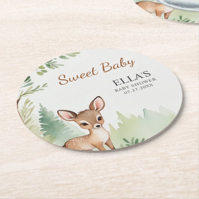 Woodland Deer Forest Neutral Baby Shower Party Round Paper Coaster (Angled)