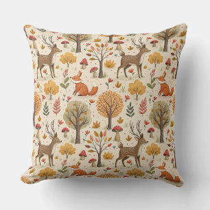 Woodland Deer & Fox Autumn Forest Animal Pattern Throw Pillow