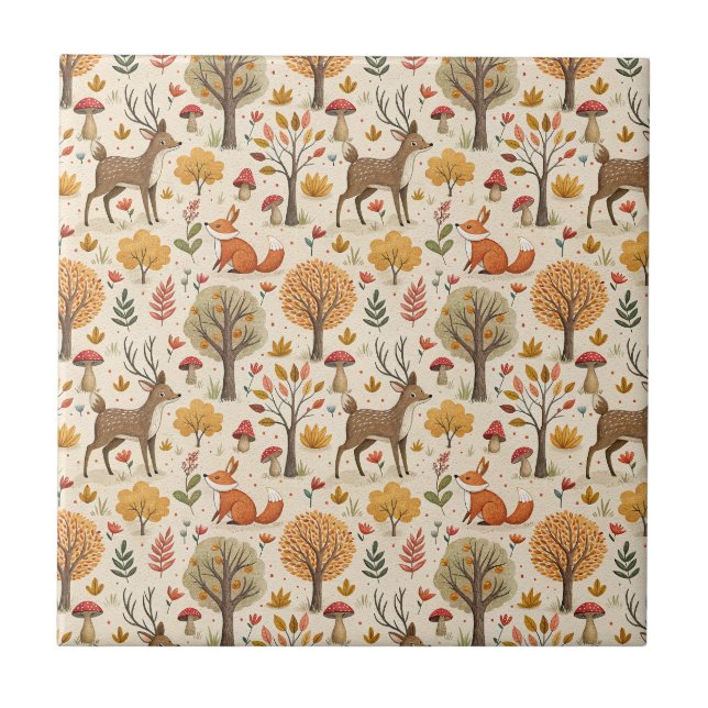 Woodland Deer & Fox Autumn Forest Animal Pattern Tile (Front)