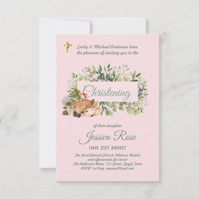 Woodland Deer Girls Christening Invites Baptism  (Front)
