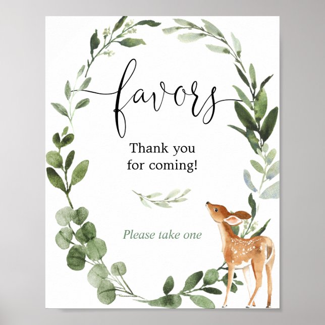 Woodland deer greenery baby shower favours sign (Front)
