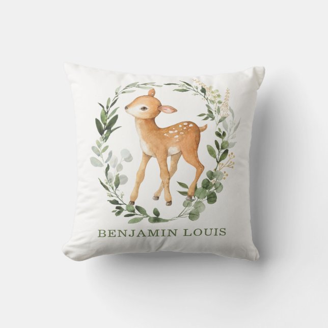 Woodland Deer Greenery Forest Monogram Nursery Throw Pillow (Front)