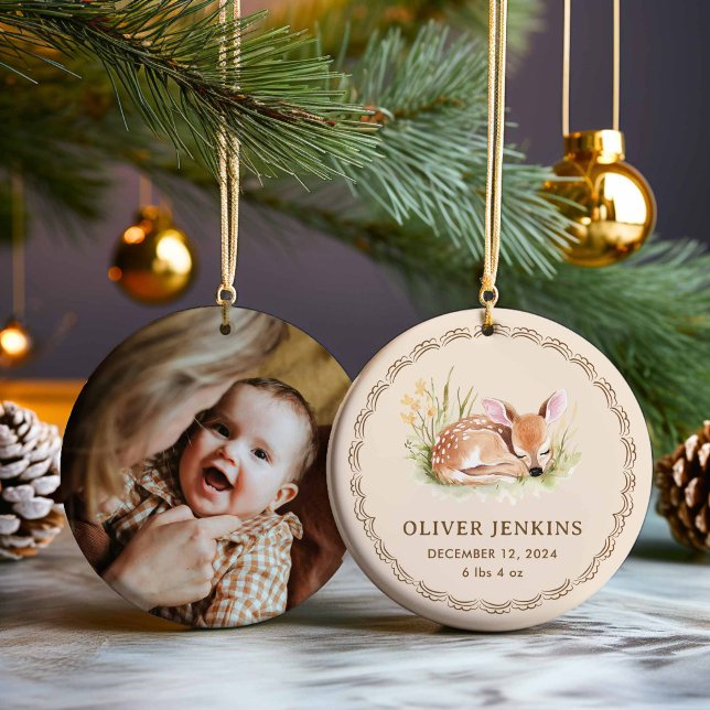 Woodland Deer Newborn Birth Stats Photo Ornament (Baby Woodland Deer Birth Stats First Christmas Photo Ornament)