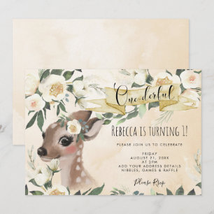 woodland deer onederful 1st birthday invitation