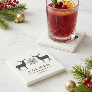 Woodland Deer Personalized Family Name Stone Coaster