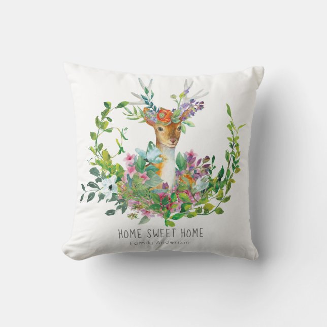 Woodland Deer Personalized Pillow - Floral Boho (Front)