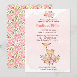  Woodland Deer Pink Floral Baby Shower    Invitati Invitation