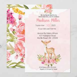  Woodland Deer Pink Floral Baby Shower    Invitation