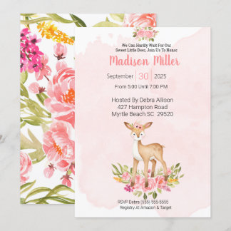  Woodland Deer Pink Floral Baby Shower    Invitation