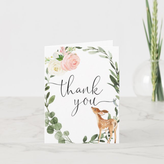Woodland deer pink gold greenery girl thank you card (Front)
