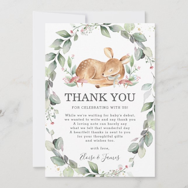 Woodland Deer Rustic Greenery Girl Baby Shower Thank You Card (Front)
