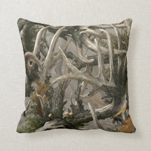 Woodland deer skull and antlers throw pillow