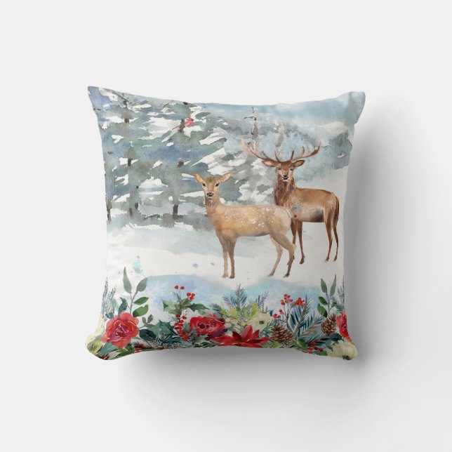 Woodland Deer Watercolor Christmas Throw Pillow (Front)