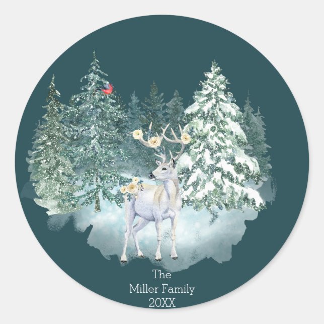 Woodland Deer Winter Forest  Classic Round Sticker (Front)
