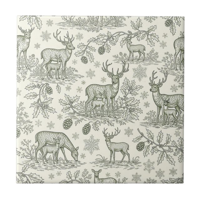 Woodland Deer Winter Toile Pattern Tile (Front)