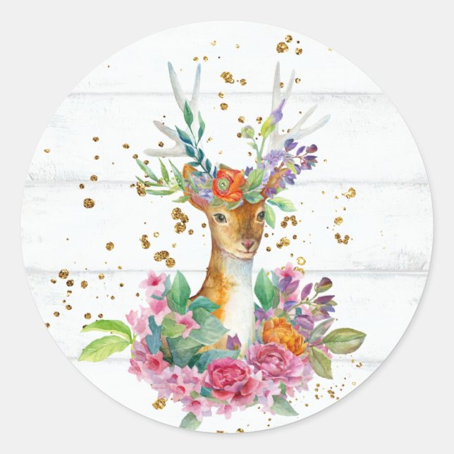 Woodland Deer with Floral Crown Classic Round Sticker (Front)