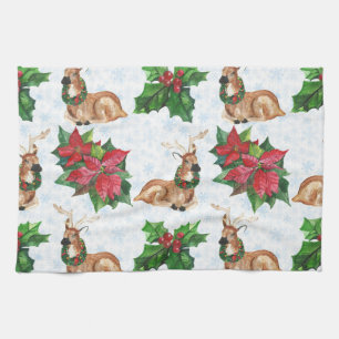 Woodland Deers In Watercolor Christmas Kitchen Towel