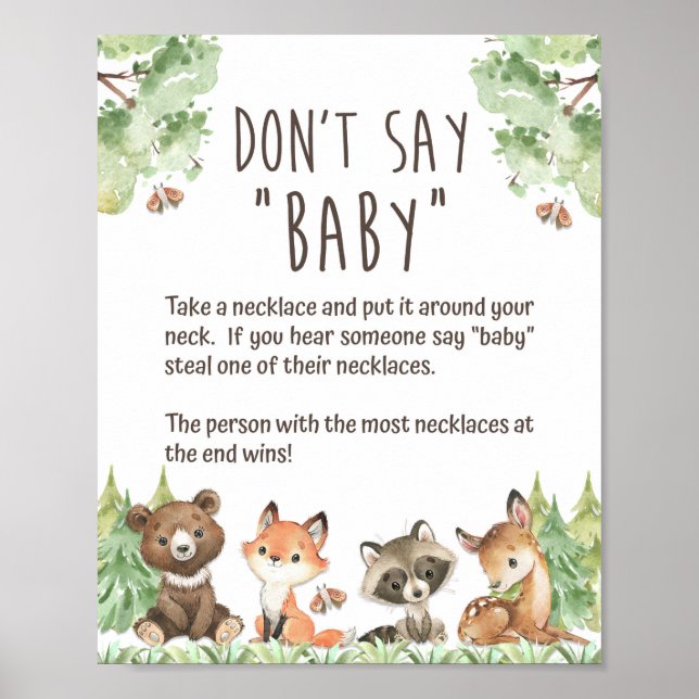 Woodland Don't Say Baby Shower Game Sign (Front)