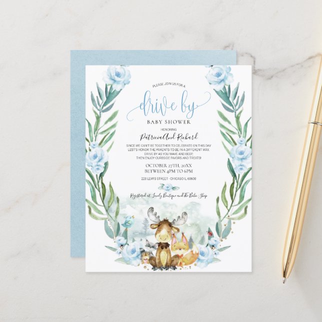 Woodland Drive By Baby Shower Budget Invitation (Front/Back In Situ)