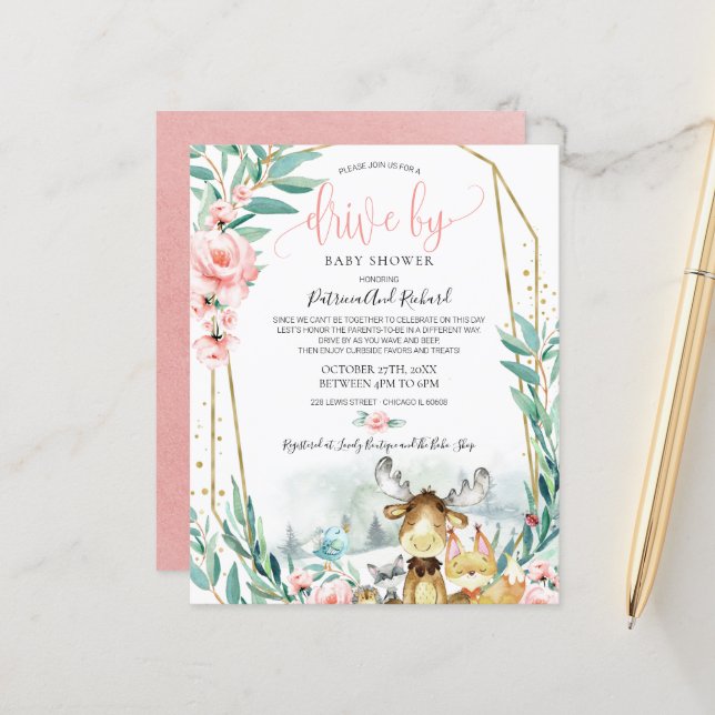 Woodland Drive By Baby Shower Budget Invitation (Front/Back In Situ)
