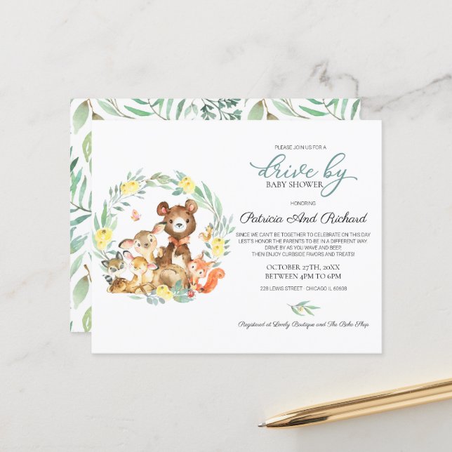 Woodland Drive By Baby Shower Budget Invitation (Front/Back In Situ)