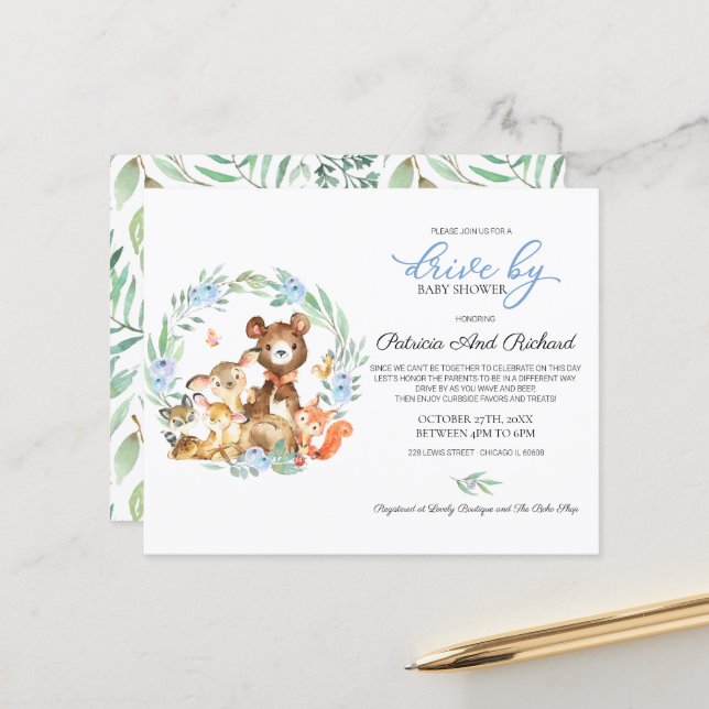 Woodland Drive By Baby Shower Budget Invitation (Front/Back In Situ)