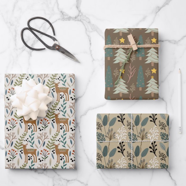 Woodland Earth Tones Patterns Holiday Wrapping Paper Sheet (Front)