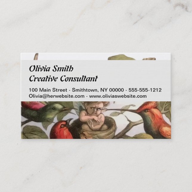 Woodland Elf in Nest: Antique Bird Sprite Fairy Business Card (Front)