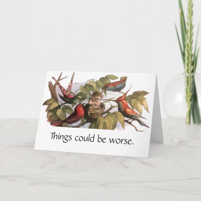 Woodland Elf in Nest: Antique Bird Sprite Fairy Card (Front)