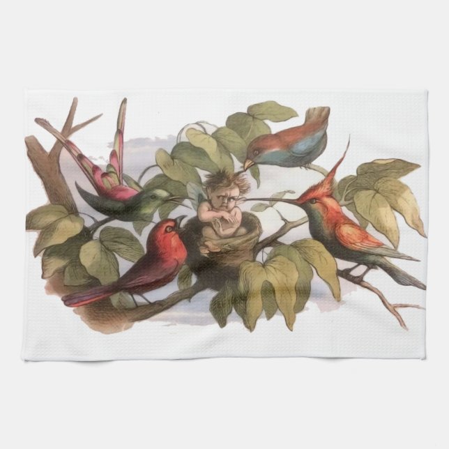 Woodland Elf in Nest: Antique Bird Sprite Fairy Kitchen Towel (Horizontal)