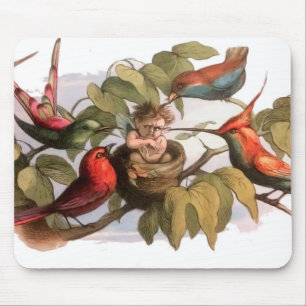 Woodland Elf in Nest: Antique Bird Sprite Fairy Mouse Pad