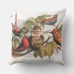 Woodland Elf in Nest: Antique Bird Sprite Fairy Outdoor Pillow