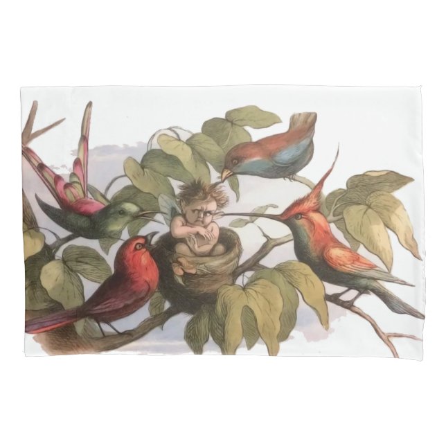 Woodland Elf in Nest: Antique Bird Sprite Fairy Pillowcase (Front)