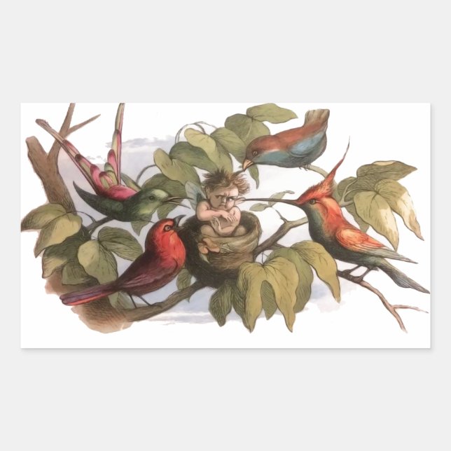 Woodland Elf in Nest: Antique Bird Sprite Fairy Sticker (Front)