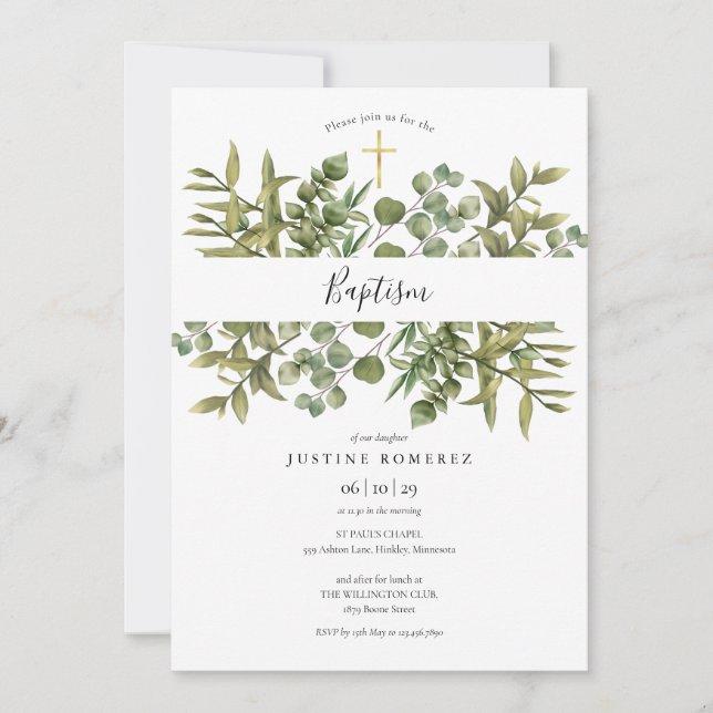 Woodland Eucalyptus Greenery Baptism Christening Invitation (Front)