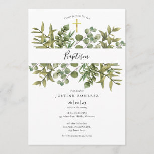 Woodland Eucalyptus Greenery Baptism Christening Invitation