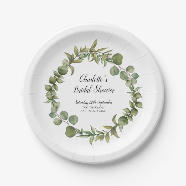Woodland Eucalyptus Greenery Bridal Shower Paper Plate (Front)