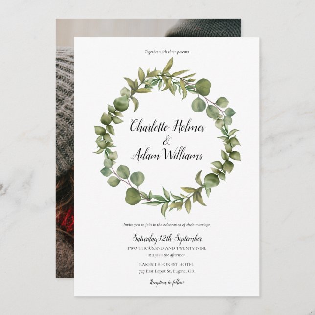 Woodland Eucalyptus Greenery Wedding Photo Invitation (Front/Back)
