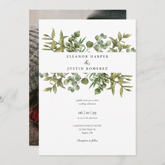 Woodland Eucalyptus Greenery Wedding Photo Invitation (Front/Back)