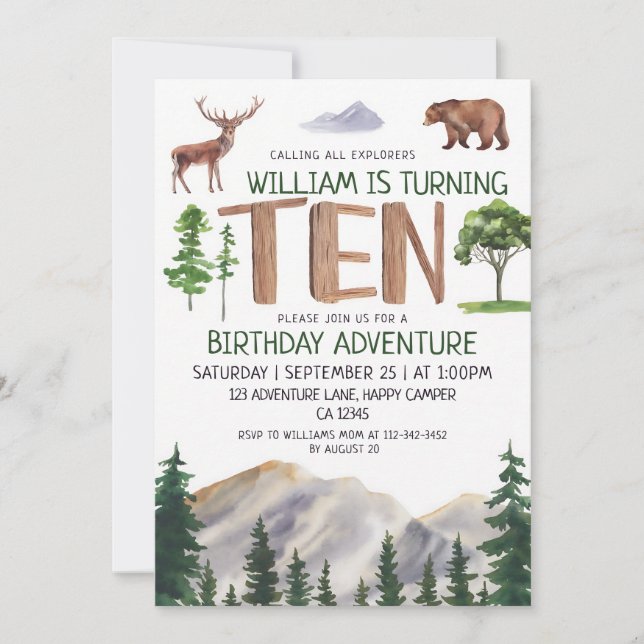 Woodland Explorer 10th Birthday Adventure Invitation (Front)