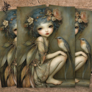 Woodland Fairy and Wren Portrait Decoupage Art  Tissue Paper