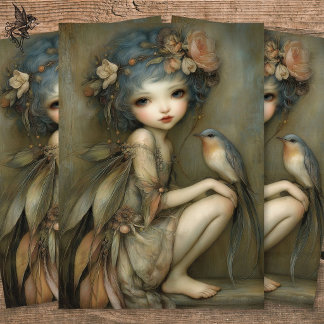 Woodland Fairy and Wren Portrait Decoupage Art  Tissue Paper