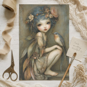 Woodland Fairy and Wren Portrait Decoupage Art  Tissue Paper