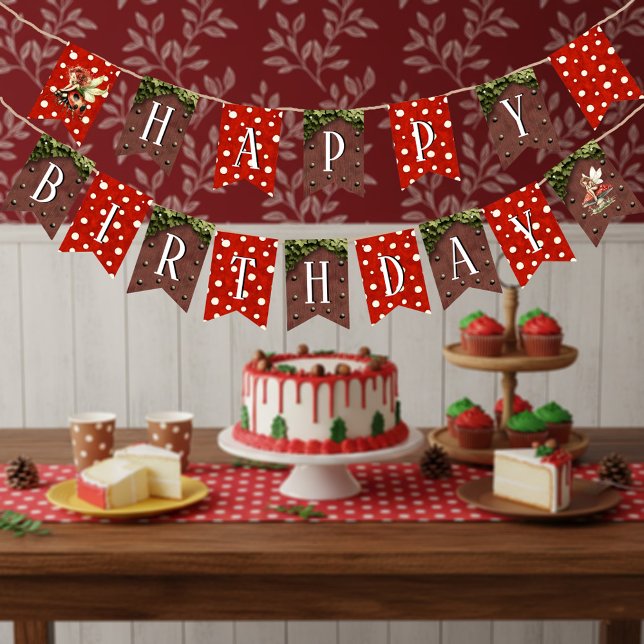 Woodland Fairy Mushroom Polka Dot Happy Birthday Bunting Flags (Red and White Polka Dot Whimsical Fairy Ladybug Happy Birthday Bunting Banner)